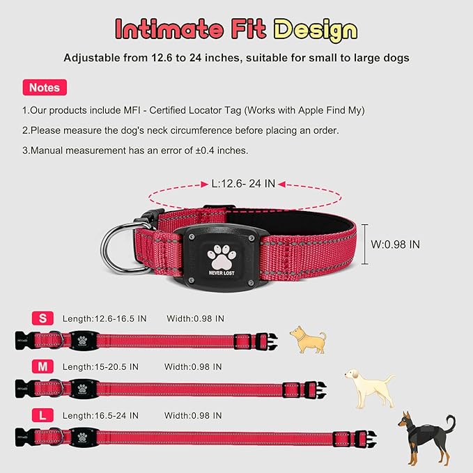 GPS Dog Collar Tracker 2-in-1,Reflective Waterproof Adjustable Pet Collar,iOS-Only,Ideal for Dog Tracking pet Tracker,for Small to Large Dogs,Real-Time Tracking,No Monthly Fees(Red,Small)
