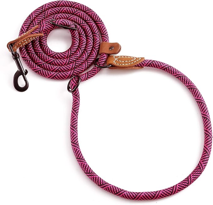 Mile High Life Hands Free Dog Leash, Crossbody Waist Leash with Genuine Leather Connection, Multifunctional Adjustable Slip Lead for Dog Walking Running (Hot Pink, 7FT)