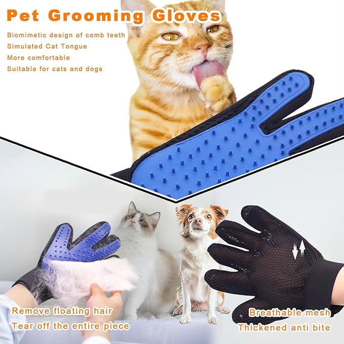 2 in 1 Dog Grooming Brush & Grooming Gloves Combo, Dematting Comb for Dogs - Deshedding Undercoat Rake, Pet Hair Grooming Brush for Long and Short Haired Dogs or Cats(Large, Blue)