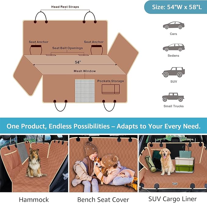 Lassie Dog Car Seat Covers for Back Seat, Waterproof Dog Car Hammock with Mesh Window Durable Scratch Proof Nonslip Pet Car Seat Covers Universal Fit Protector for Cars, Trucks & SUVs