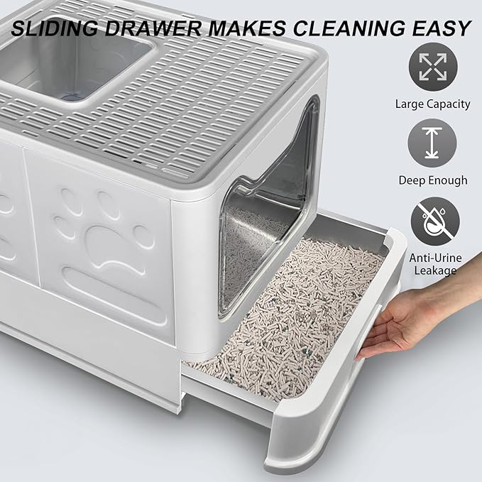 Upgrade Portable Litter Box, Top Entry Cat Box with Lid, No Leakage Kitty Box with Scoop and Mat, Easy Cleaning Cat Box Enclosure(Grey-Stainless Steel)