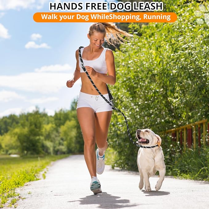 Heavy Duty Hands Free Dog Leash, 10FT Adjustable Handsfree Dog Training Leash with Shock Absorbing Bungee, No Pull Tangle Free Reflective Body Waist Leash for Dog Walking Running (Blue)