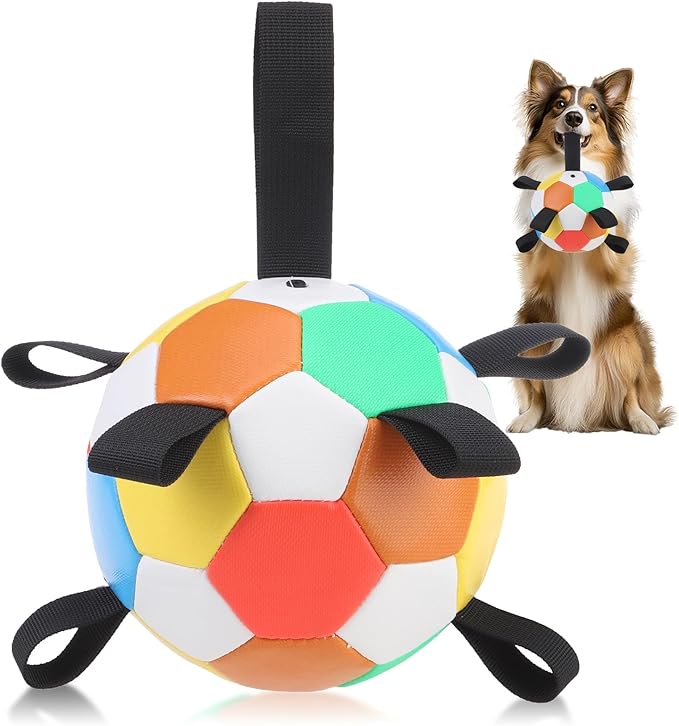 BINGPET Dog Toys Soccer Ball,Interactive Dog Toys Ball for Tug of War,Outdoor Dog Soccer Ball with Straps,Dog Water Toy,Puppy Birthday Gifts,Dog Tug Toy,Durable Dog Balls for Small and Medium Dogs