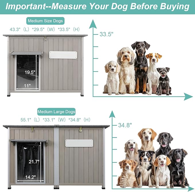 Large Outdoor Dog House Waterproof for Small to Large Dogs with Anti-Chewing Iron Frame, Raised Feet, Weatherproof Doghouse Kennel Shelter with Removable Floors(43" L*29.5" W*33.5" H)