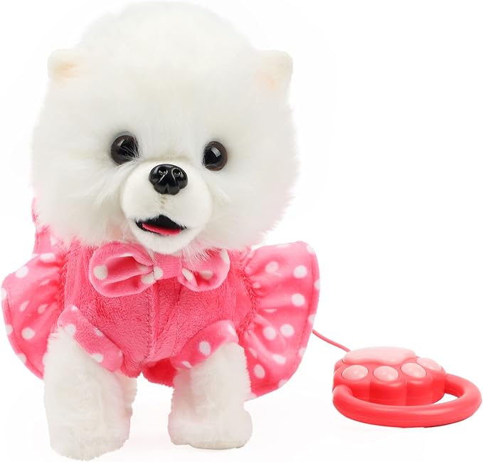 Hopearl Walking Pomeranian Interactive Electronic Pet Dog Toy Remote Control Leash Animated Puppy Nodding Barking Wagging Tail Gifts for Toddlers Birthday, White, 10''