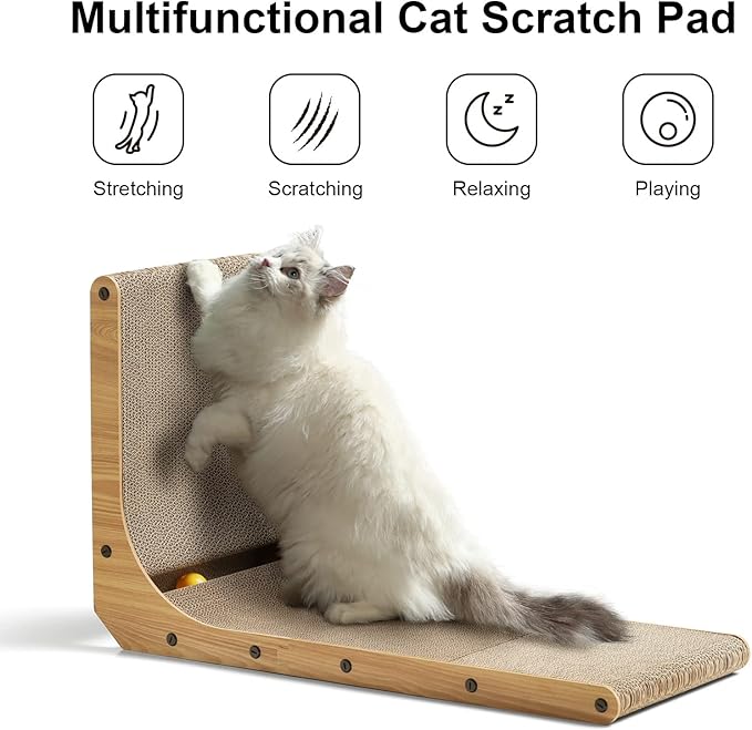 FUKUMARU Cat Scratcher, 26.8 Inch L Shape Cat Scratch Pad Wall Mounted, Cat Scratching Cardboard with Ball Toy for Indoor Cats, Large Size