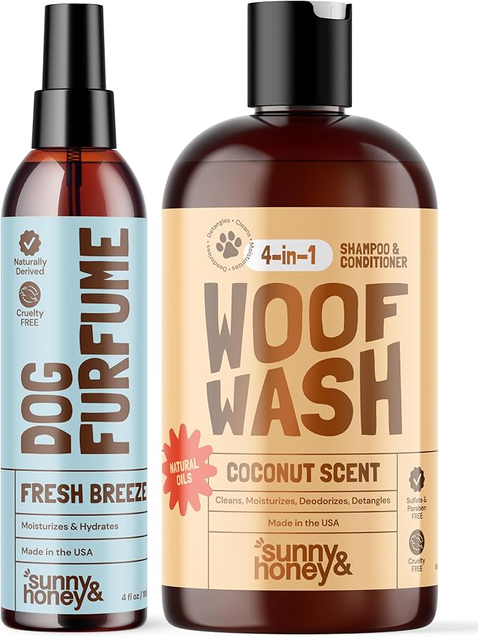 Sunny & Honey 4-in-1 Dog Shampoo & Conditioner with Long-Lasting Perfume Mist - 16 fl oz Shampoo & 8 fl oz Mist - Moisturizing, Deodorizing, Detangling Body Wash - Good-Smelling Dog Bath