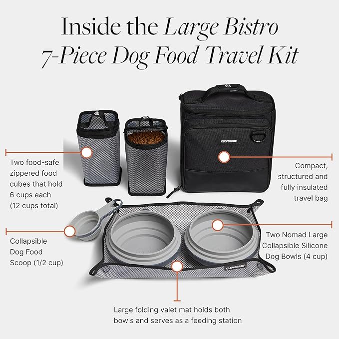 Large 7-Piece Bistro Box Dog Food Travel Kit, 12-Cup Kibble Storage, 2 Silicone Bowls, Mat & Scoop - Premium Portable Pet Food Kit for Weekends, Overnights, Daycare & Camping, Graphite