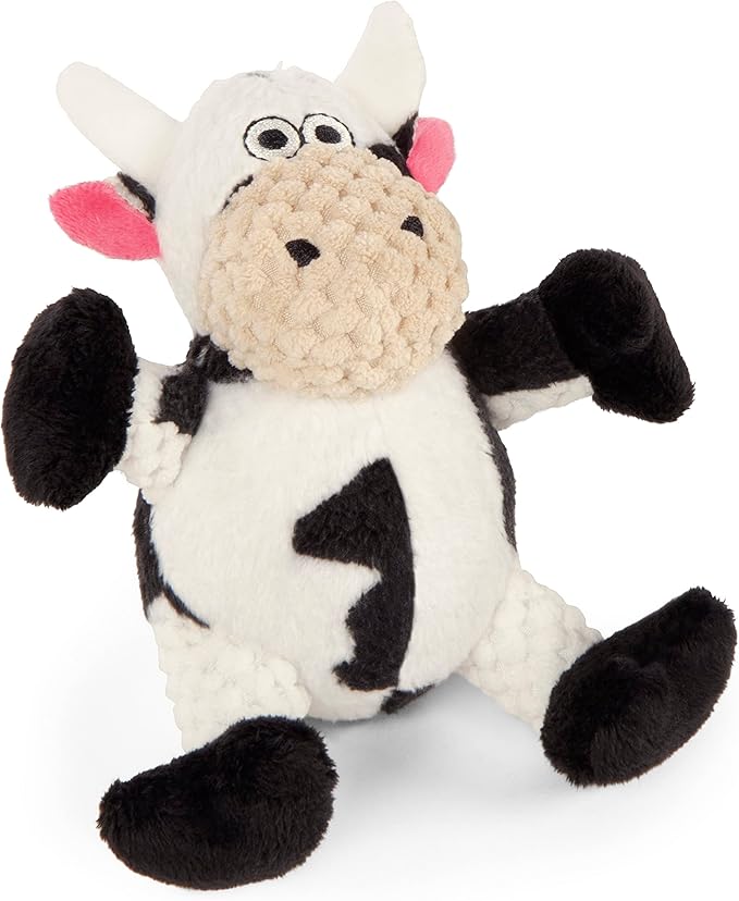 goDog Checkers Just for Me Sitting Cow Squeaky Plush Dog Toy, Chew Guard Technology - White, Mini
