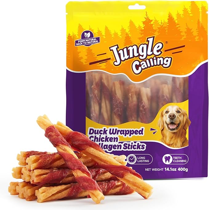 Jungle Calling Dog Treats, Duck Wrapped Chicken Collagen Sticks for Small Medium Dogs, Long-Lasting Dog Chews, Dental Bones for Teeth Cleaning, Digestible Bully Sticks Rawhide Alternative, 14.1oz
