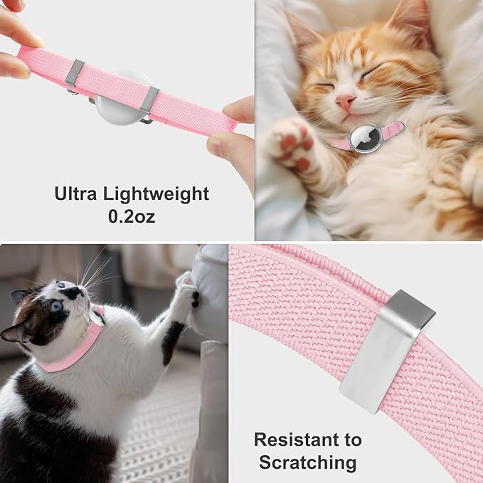 AirTag Cat Collar,Ultra Elastic Cat Tracker Collar with Apple Air Tag Holder, [Lightweight][Scratch Resistant] Stepless Adjustable GPS Pet Collar for Cats Kittens (Pink)