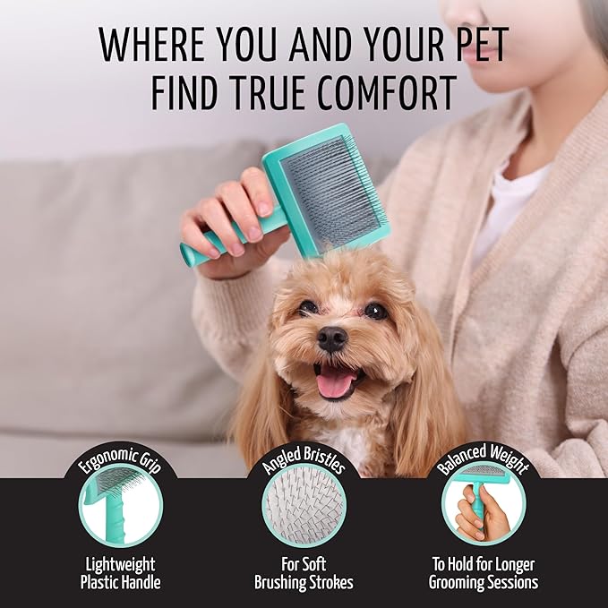 Tauro Pro Line Plastic Long & Short Hair Slicker Dog Brush for Deshedding & Detangling - Mint Slicker Brush for Dog & Cat Grooming - 0.79″ Pins, Flexible Cushion & Non-Slip Grip