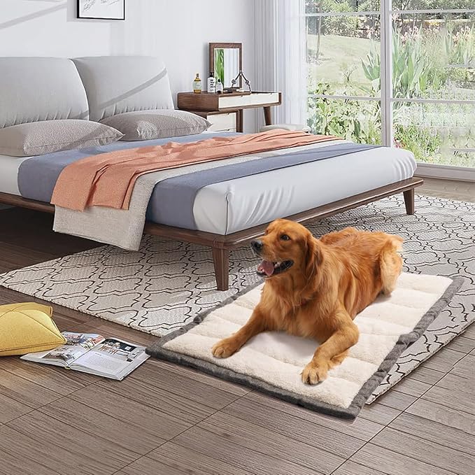 Travel Dog Bed, Rollup Crate Mat, Kennel Pad, Pet Camping Gear with Carry Handles for Medium Dog or Cat, Super Soft, Machine Washable, 36 * 23” Grey