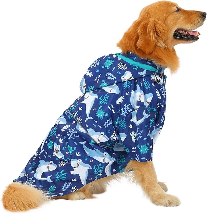 HDE Dog Raincoat Poncho Double Layer Zip Rain Jacket with Removable Hood, Leash Hole for Small to 3XL Dogs and Puppies Sharks - 2XL