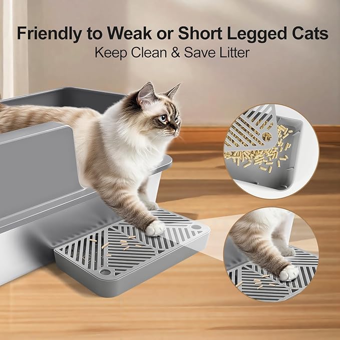 Sousia Stainless Steel Litter Box - Cat Litter Box Enclosure with Lid, High Side Large Cat Litter Tray Easy Cleaning Anti-Leakage with Litter Scoop and High Wall Sides Enclosure for Big Cats