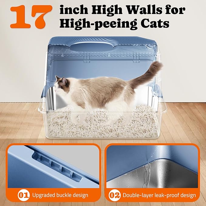 Pawtners Cat Litter Box, XL Extra Large Stainless Steel Kitty Litter Pan, Front Entry Top Exit Enclosed Metal Cat Toilet for Odor Control with Removable Lid & Scoop, Anti-Leakage, Easy to Clean, Blue