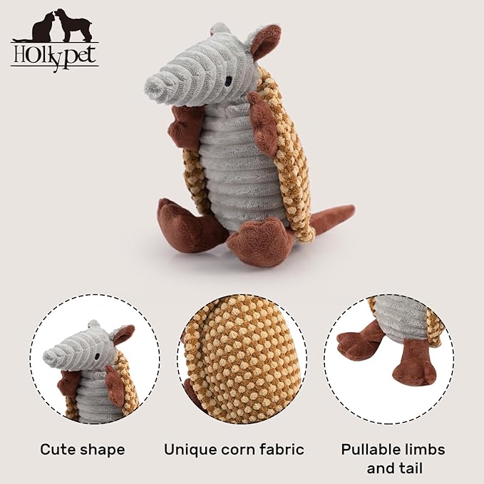Hollypet Plush Dog Squeaky Toy Stuffed Armadillo Animal Pet Puppy Chew Toys with Clean Teeth for Small Medium Large All Breed Sizes Dogs, Yellow and Khaki,8 in