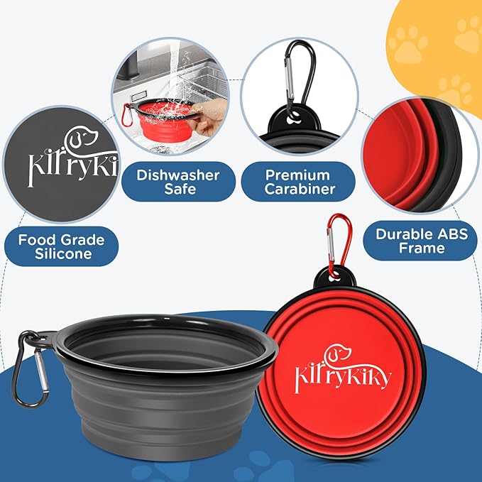 Large Collapsible Dog Bowls, 2 Pack 34oz Portable Travel Dog Bowls, Foldable Water Bowl for Dogs, Pet Feeding Watering Dish with Carabiner, Food Grade Silicone BPA Free(Red+Black, L)