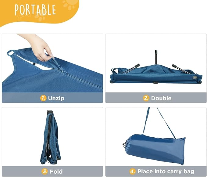 Folding Raised Dog Cot, Large Outdoor Elevated Dog Bed, Cooling Chew Proof Pet Cots Bed, Portable, Heavy Duty Up to 160 lbs, Pet Cot for Camping, Home, Dark Blue, 43"x27"x7"