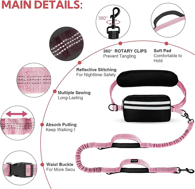Hands Free Dog Leash, Adjustable Waist Belt with Double Padded Handles, Retractable Bungee for Medium & Large Dogs, Waist Leash for Dog Walking, Running, No Pull, Pink