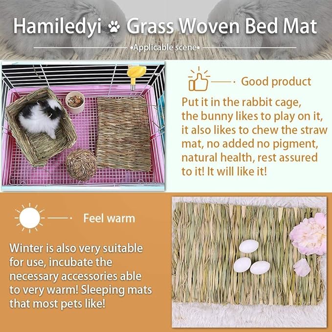 Hamiledyi Grass Mat Woven Bed Mat for Small Animal 4PCS Large Bunny Bedding Nest Chew Toy Bed Play Toy for Guinea Pig Parrot Rabbit Bunny Hamster Rat