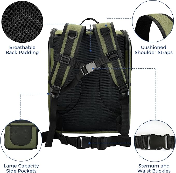 Apollo Walker Dog & Cat Carrier Backpack for 4-15lb Pets - Ventilated Safe Design with Padded Back Support, Breathable Mesh Pet Backpack for Hiking, Travel, Outdoor (Green)