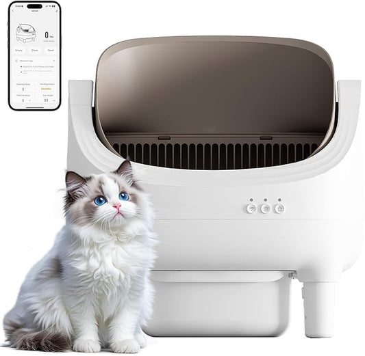 Greesum Automatic Self-Cleaning Litter Box for Cats - Open-Top Design, Easy Odor Control, Smart APP Control, 15L Large Waste Bin, Includes Trash Bags & Mat (Brown)