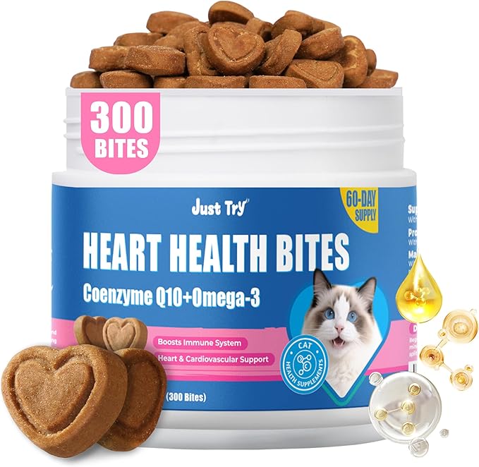 Just Try Coenzyme Q10 coq10 Bites for Cats - Advanced q10 & Taurine Supplement for Feline Heart Health - Chicken Flavored Soft Chews - Supports Heart Function - 300 Count