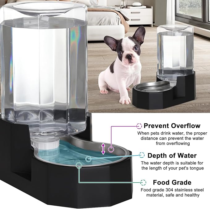 Sfozstra Dog Water Bowl Dispenser: 6L Large Black Gravity Stainless Steel Bowl - Without Filter - Pet Feeder for Pets Indoor/Outdoor Use by Owners