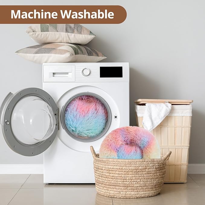 JOLLYVOGUE Medium Calming Dog Bed, Anti-Anxiety Donut Cuddler Cat Bed with Anti-Slip Bottom, Fluffy Faux Fur Machine Washable Pet Cushion for Medium Large Dog & Cat, 31"/Rainbow