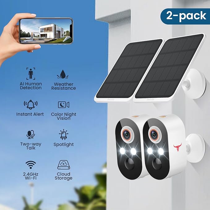 1080p Wireless Security Camera with Solar Panel, AI Human Detection, 2-Way Talk, Night Vision, Cloud Storage (Sold Separately), Battery Included, Home Security, 2.4GHz WiFi Only (2 Pack)