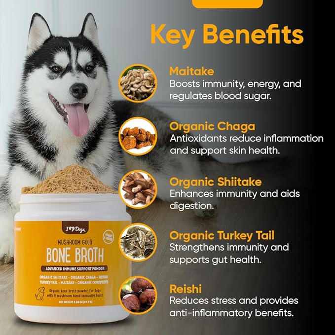 iHeartDogs Bone Broth & Collagen for Dogs - Bone Broth & Mushroom Gold Powder Supplement for Immune System Support, Improved Mobility & Flexibility and Natural Detox - Turkey Tail Mushroom for Dogs