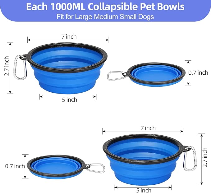 Kytely Large Collapsible Dog Bowls 2 Pack, 34oz Foldable Dog Travel Bowl, Portable Pet Water Food Bowl with Clasp, Pet Cat Feeding Cup Dish for Traveling, Walking, Hiking (Blue+Blue)