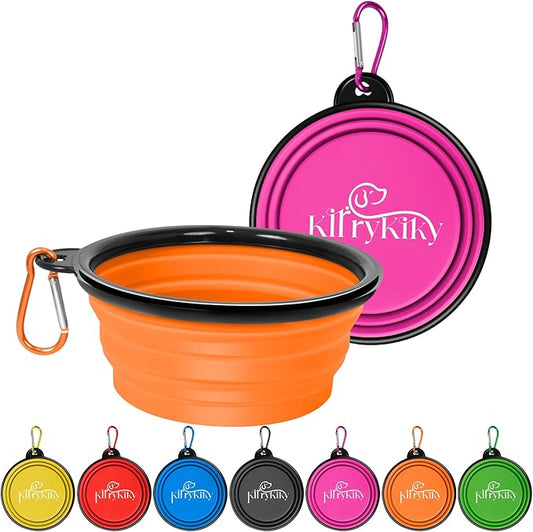 Collapsible Dog Bowls, 2 Pack 11oz Pack Portable Travel Dog Bowls, Foldable Water Bowl for Dogs Cats, Pet Feeding Watering Dish with Carabiner, Food Grade Silicone BPA Free(Pink+Orange, Small)