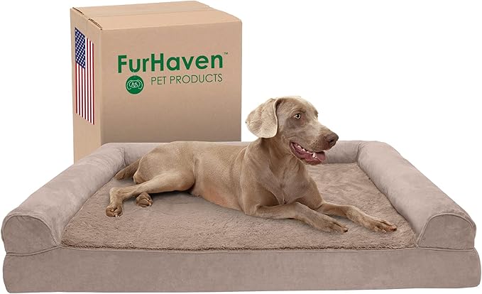Furhaven Cooling Gel Dog Bed for Large Dogs w/ Removable Bolsters & Washable Cover, For Dogs Up to 125 lbs - Plush & Suede Sofa - Almondine, Jumbo Plus/XXL
