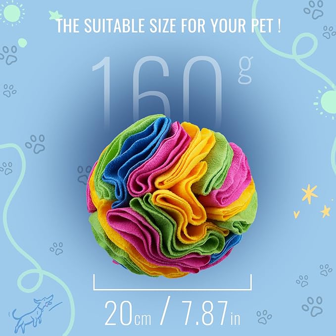Pet Snuffle Ball, Puzzle Sniffing Interactive Dog Ball for Blind Dogs Training Stress Relief Dog Enrichment Toys Treat Machine Washable (20cm, New Rainbow Color)
