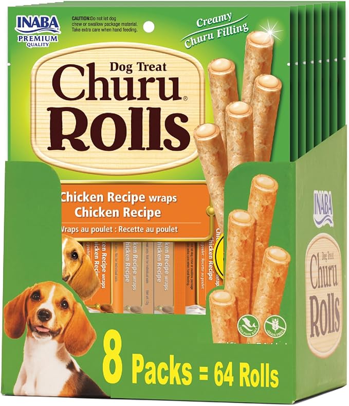 INABA Churu Rolls for Dogs, Soft & Chewy Baked Chicken Wrapped Filled Dog Treats, 0.42 Ounces Each Tube, 64 Tubes Total, Chicken Recipe