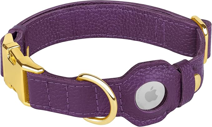 Leather Airtag Dog Collar - Soft Tracking Dog Collar with Apple AirTag Holder and Metal Buckle - Safety GPS Pet Collars for Small Medium Large Dogs Puppy Pink Red (Purple, S, 12"-15" Neck Fit)