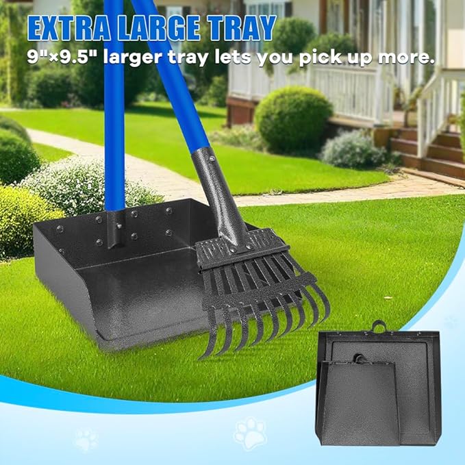 Larger Pooper Scooper Dog Pooper Scooper for Large Medium Small Dogs Heavy Duty Stainless Steel No Bending with Rake & Shovel & Extra Large Tray for Yard
