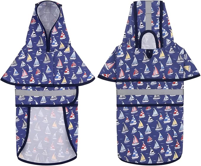 HDE Dog Raincoat Jacket Reflective Adjustable Hooded Pet Poncho Rain Coat with Leash Hole for Small to X-Large Dogs Nautical Boats - L