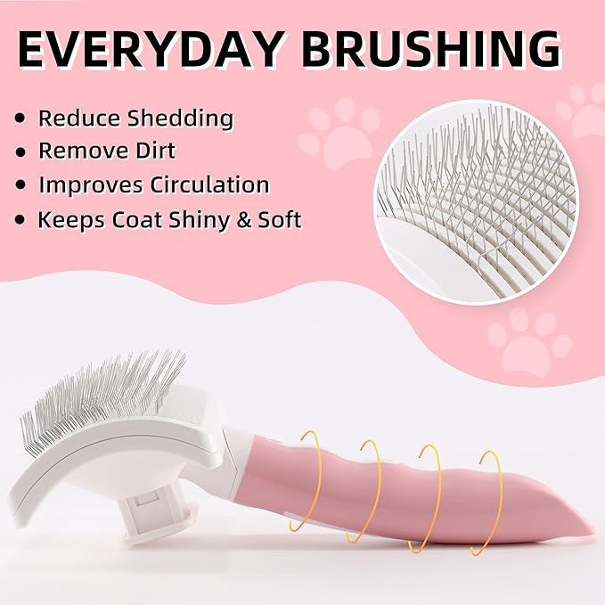 Dog Self Cleaning Slicker Brush with One Button Fur Removal Deshedding Brush for Dogs and Cats with Long Hair for Shedding Massaging Grooming Pink