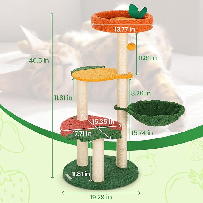 Happy & Polly Cute Cat Tree - 40.5" Fruit World Cat Tower for Indoor Cats, Cat Tree Condo with Sisal Scratching Posts, Cozy Hammock, Plush Strawberry Perches, Kitten Cat Trees Towers Activity Center