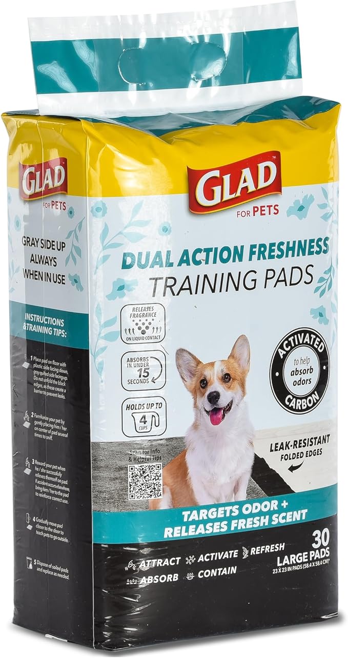 Glad for Pets Dual Action Freshness Activated Carbon Puppy Training Pads with Fragrance Release, Scented Pee Pads, Ultra Absorbent, Odor Control. 23"x23" 30ct