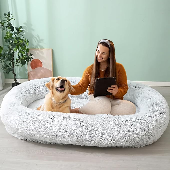 JOLLYVOGUE Human Dog Bed for Adults and Pets, Ultra-Soft Plush Giant Dog Bed with Egg Crate Foam, Non-Slip Base, and Machine Washable Cover - Ideal for Relaxation and Napping, Light Grey
