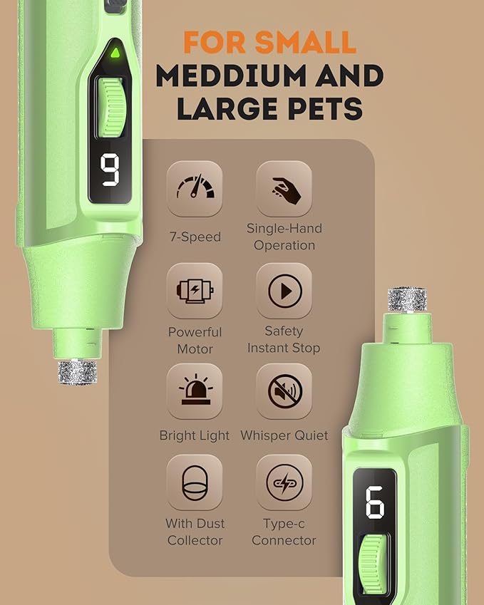 YABIFE 7-Speed Pet Nail Grinder with Light – Heavy Duty, Whisper Quiet Nail Trimmer for Dogs, Cats, Birds & Small Animals – Single-Handed Operation