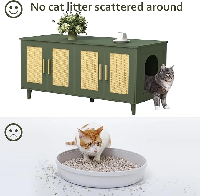 Homhedy Boho Cat Litter Box Enclosure for 2 Cats, Wooden Cat Washroom Furniture with Double Rattan Decorated Doors, Pet House,47.2”L x 19.7”W x 21.7”H, Green