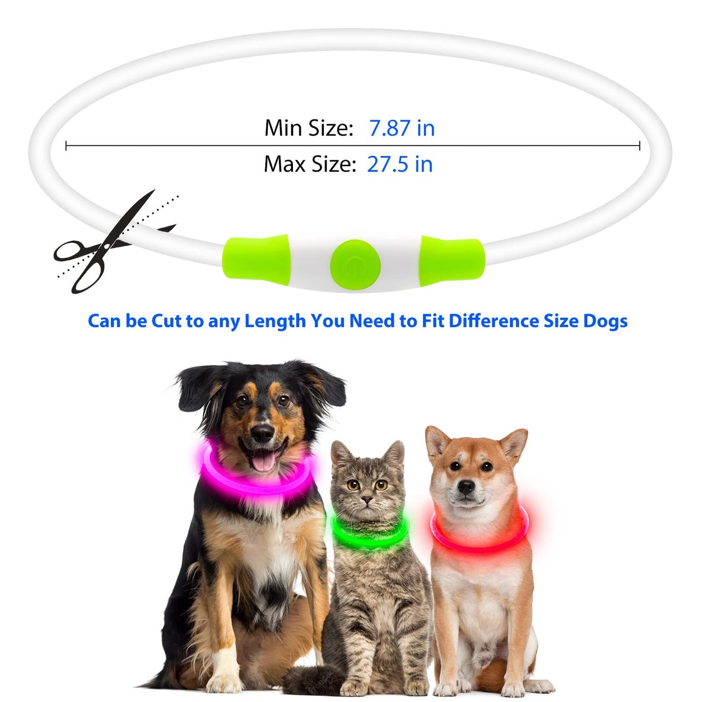 Flashseen LED Dog Collar, USB Rechargeable Glowing Lighted Up Collar, Cuttable Water-Resistant TPU Safety Collar Lights for Small Medium Large Dogs