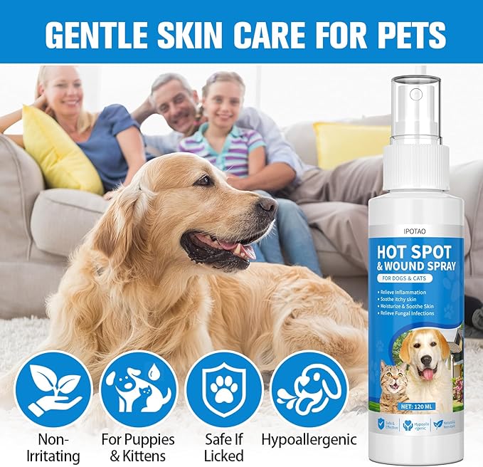 Hot Spot Treatment for Dogs Cats, 4.06Fl Oz, Anti Itch Spray for Dogs, Relive Scratching, Rashes, Sores, Itchy Skin, Gentle & Safe for Pets, 120ml