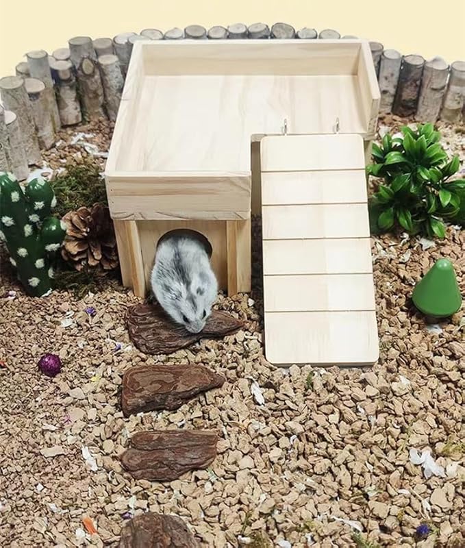 Hamster House Multi Chamber Wooden Hamster Maze Tunnel with Ladder Gerbil Hideout Castle Small Animal House Hut Habitats Cage Accessories for Hamster Rat Gerbils and Other Small Pets