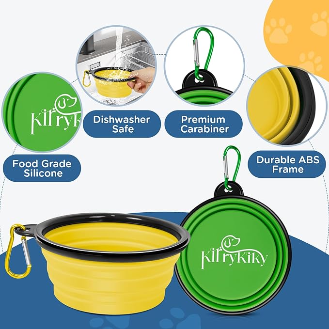 Large Collapsible Dog Bowls, 2 Pack 34oz Portable Travel Dog Bowls, Foldable Water Bowl for Dogs, Pet Feeding Watering Dish with Carabiner, Food Grade Silicone BPA Free(Yellow+Green, L)